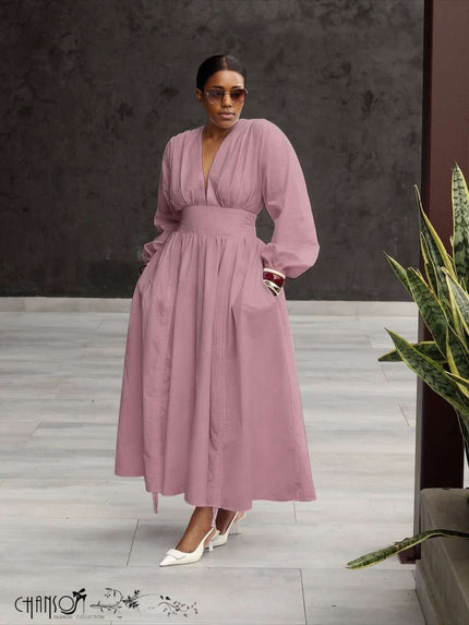 Dusty pink deep V puff-sleeve formal dress with cinched waist and long full skirt