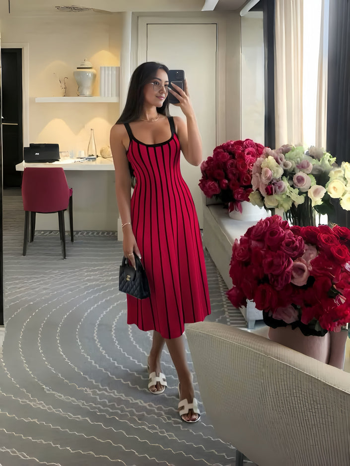 Sleeveless red midi dress with vertical stripe pattern, square neckline, A-line