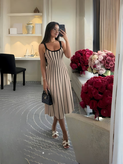 Sleeveless midi dress with vertical black stripes on beige, square neckline