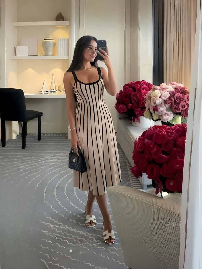 Sleeveless midi dress with vertical black stripes on beige, square neckline