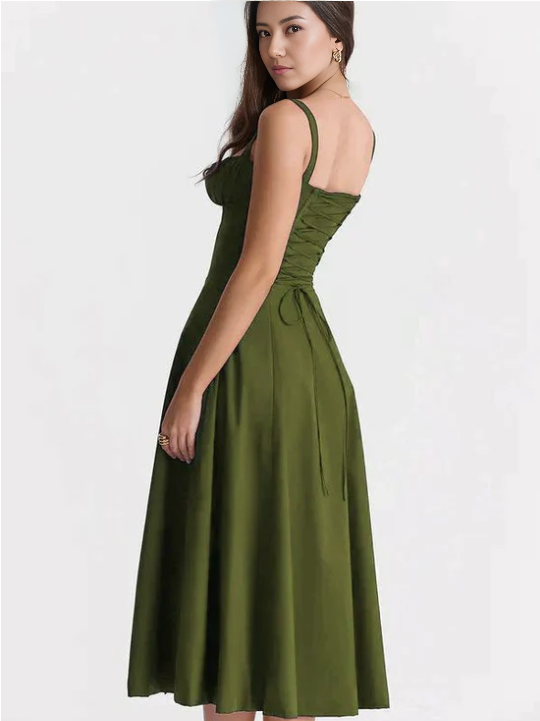 Dark green midi dress with spaghetti straps, cinched waist, gathered skirt