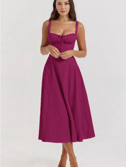 Maroon midi dress with spaghetti straps, sweetheart neckline, cinched waist