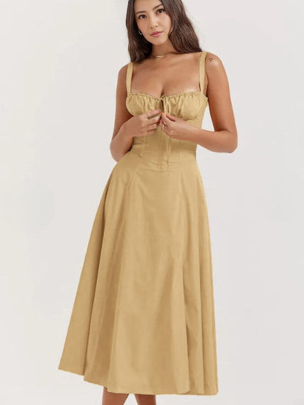 Light goldenrod midi dress with spaghetti straps, cinched waist, sweetheart neckline