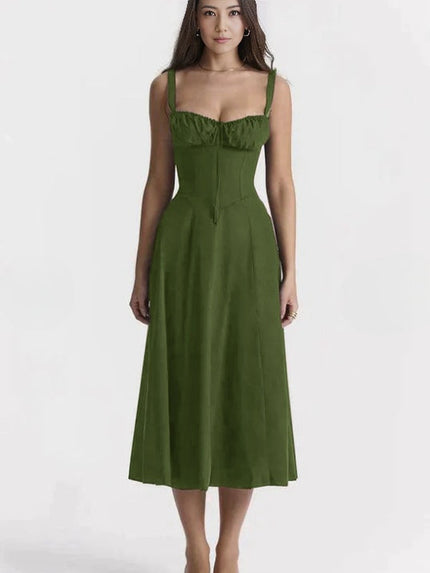 Dark green midi dress with spaghetti straps, cinched waist, sweetheart neckline