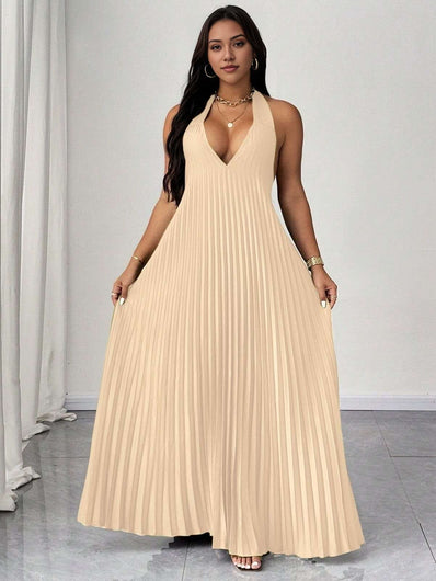 Halter V Neck Pleated Maxi Dress Formal Evening Occasions