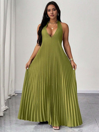Halter V Neck Pleated Maxi Dress Formal Evening Occasions