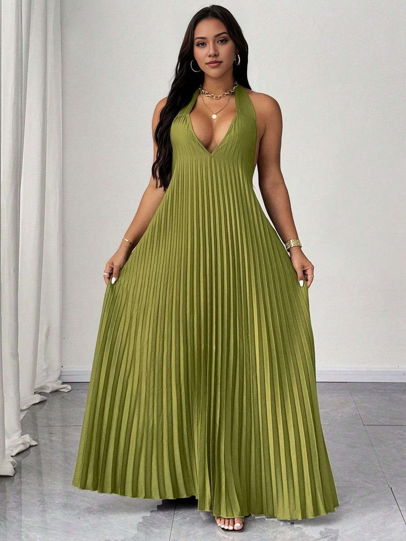 Olive halter V-neck pleated maxi dress with flowing pleats