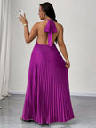 Purple halter V-neck pleated maxi dress with open back and tie detail