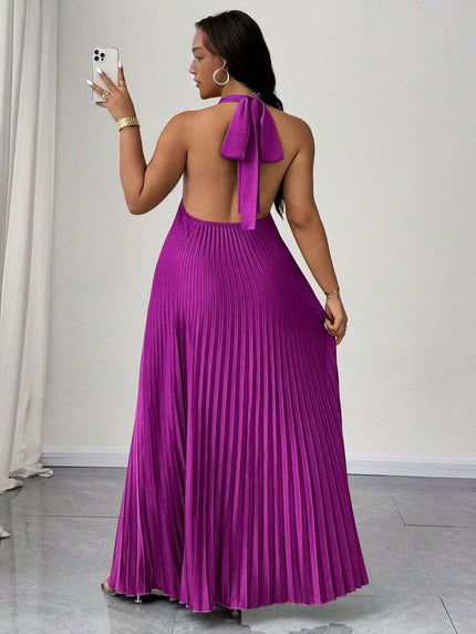 Purple halter V-neck pleated maxi dress with open back and tie detail