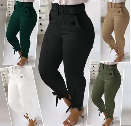 High-Waisted Button-Detail Trousers with Ankle Tie