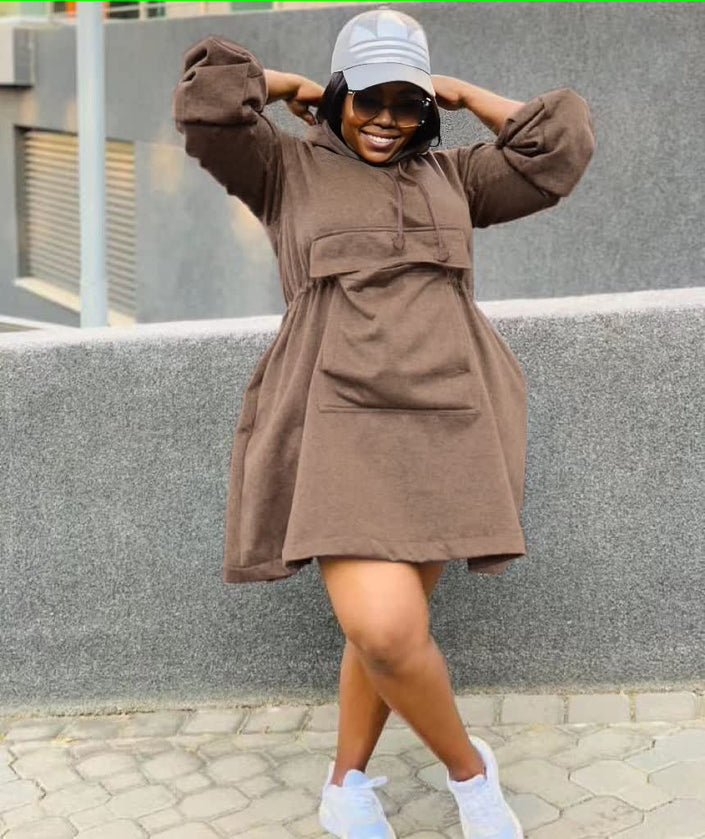 Brown oversized hoodie dress with front pocket and long sleeves