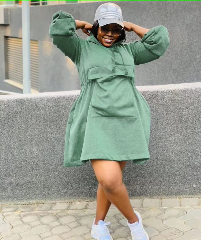 Light-green oversized hoodie dress with front pocket and long sleeves