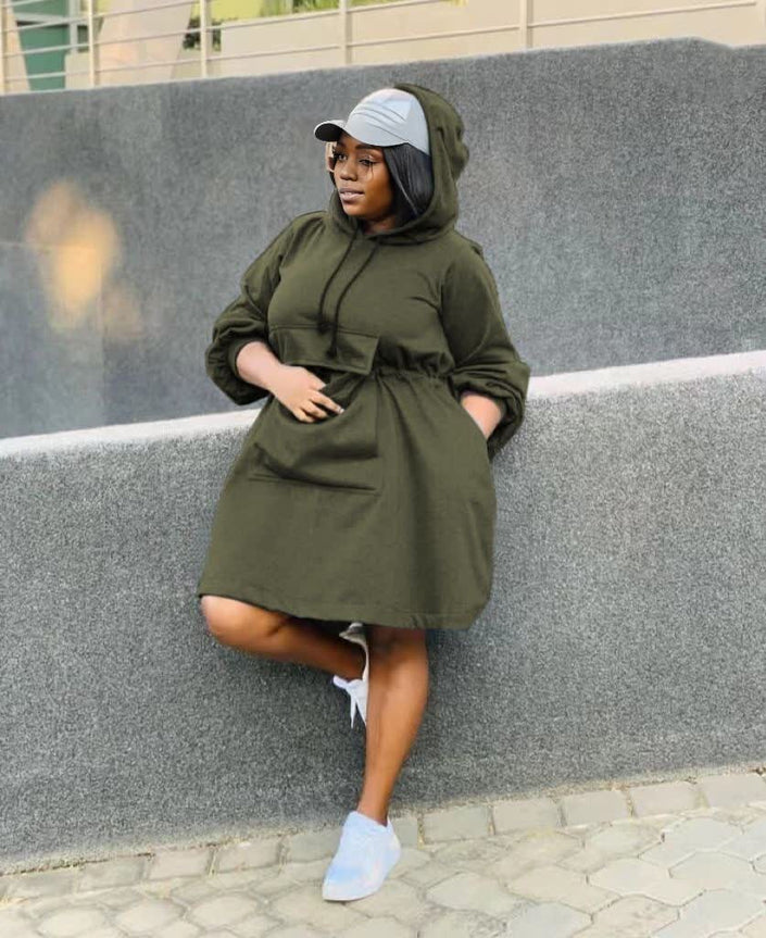 Olive oversized hoodie dress with front pocket, long sleeves