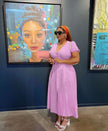 Violet button-down short-sleeve midi dress with V-neck and button front
