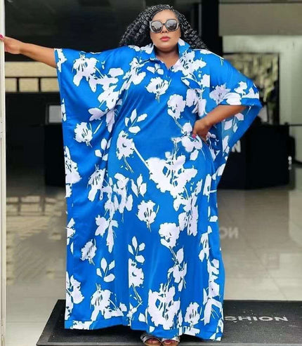 Blue floral maxi dress, loose fit, plus size, short sleeves