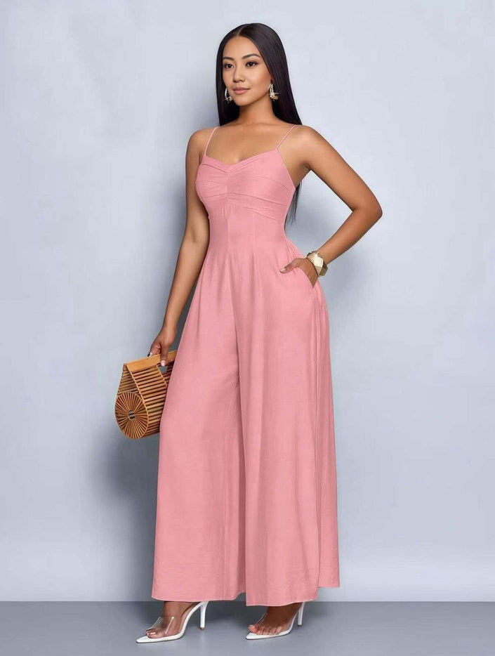 Pink sleeveless wide-leg jumpsuit with square neckline and fitted waist