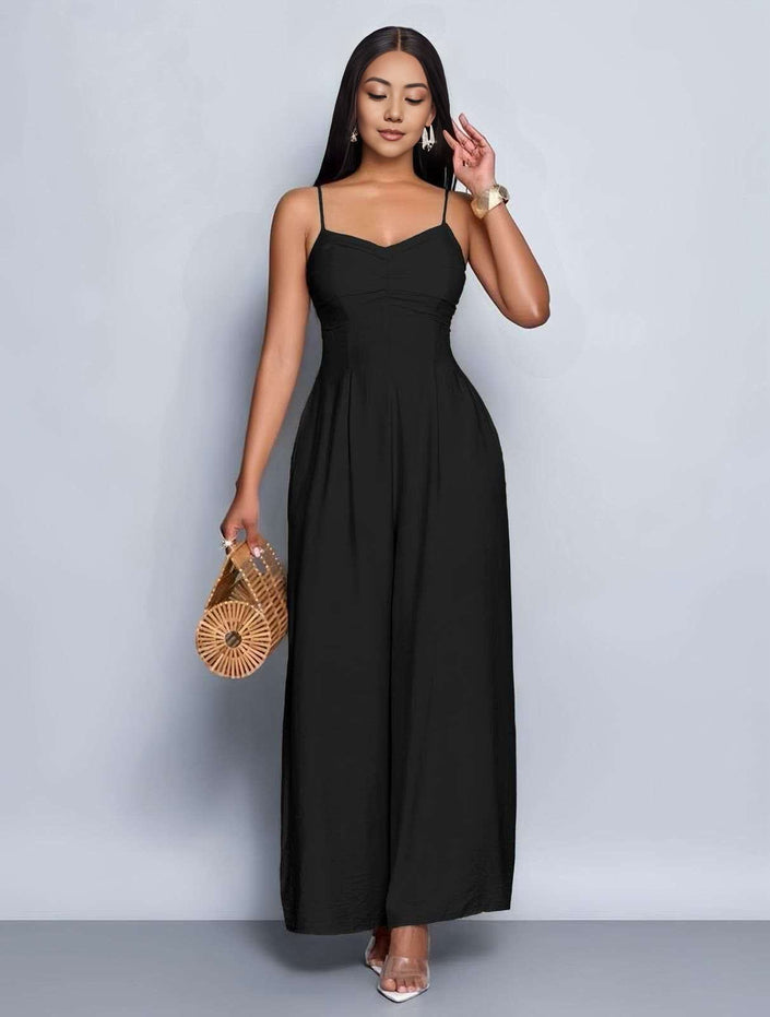 Black sleeveless wide-leg jumpsuit with square neckline and fitted waist