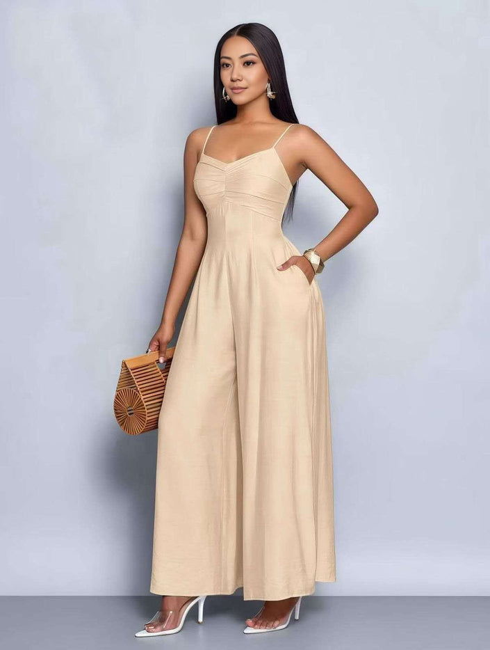 Beige sleeveless wide-leg jumpsuit with square neckline and fitted waist