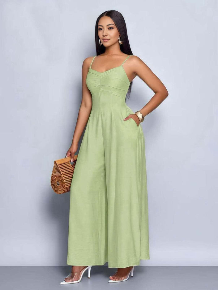 Mint-green sleeveless wide-leg jumpsuit with square neckline and fitted waist