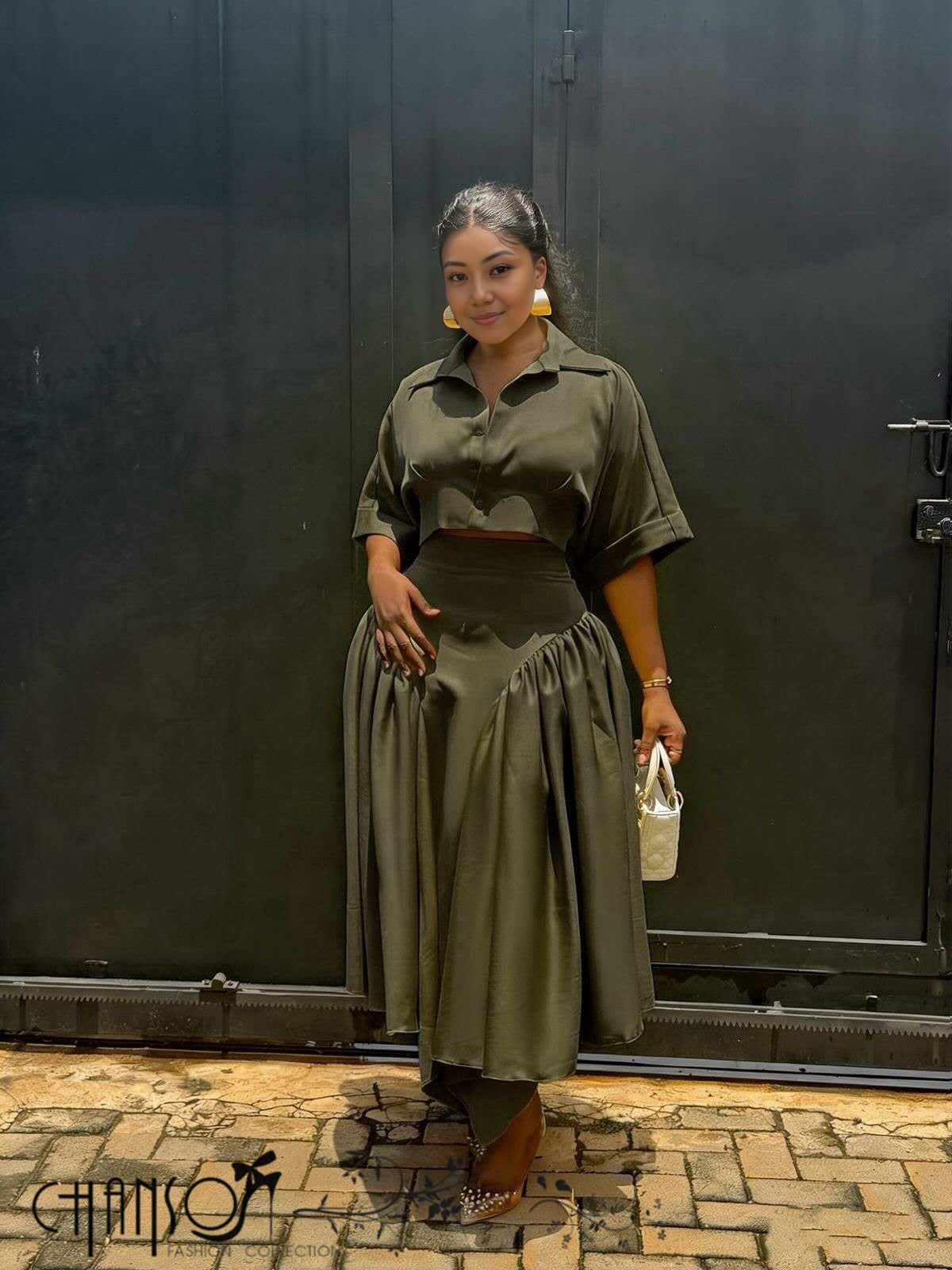 ArmyGreen midi dress with cropped short-sleeve top and gathered asymmetric skirt