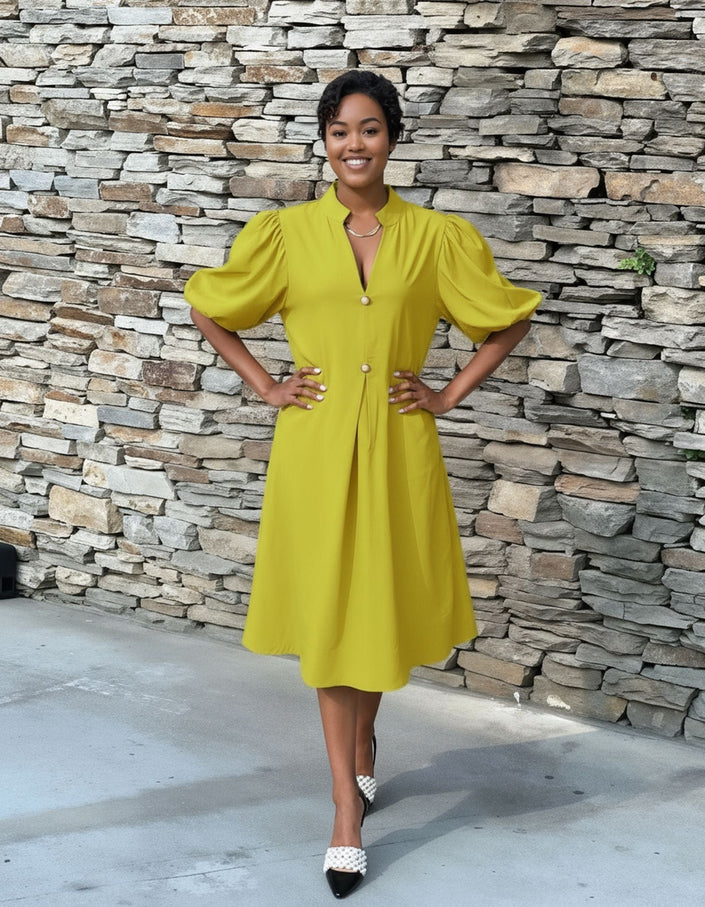 Lime green puff-sleeve midi dress with flared skirt and button front