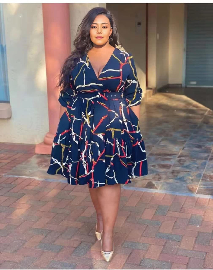 Plus size midi dress with navy abstract print, V-neck, waist tie, ruffle hem