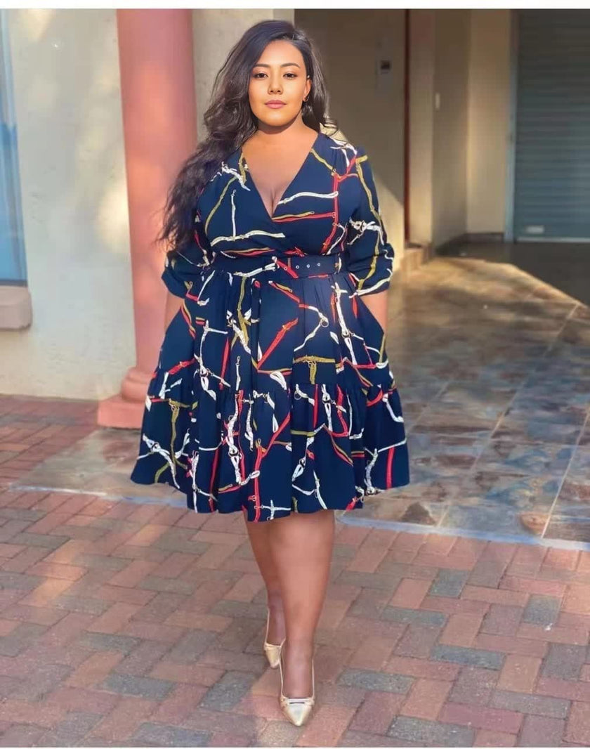 Plus size midi dress with navy abstract print, V-neck, waist tie, ruffle hem