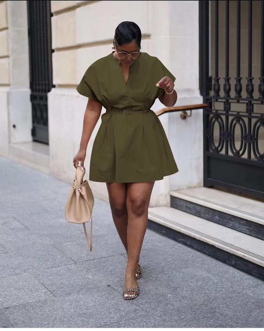 Belted A-line mini dress with V-neck, dark olive green