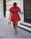 Belted A-line mini dress with V-neck, red