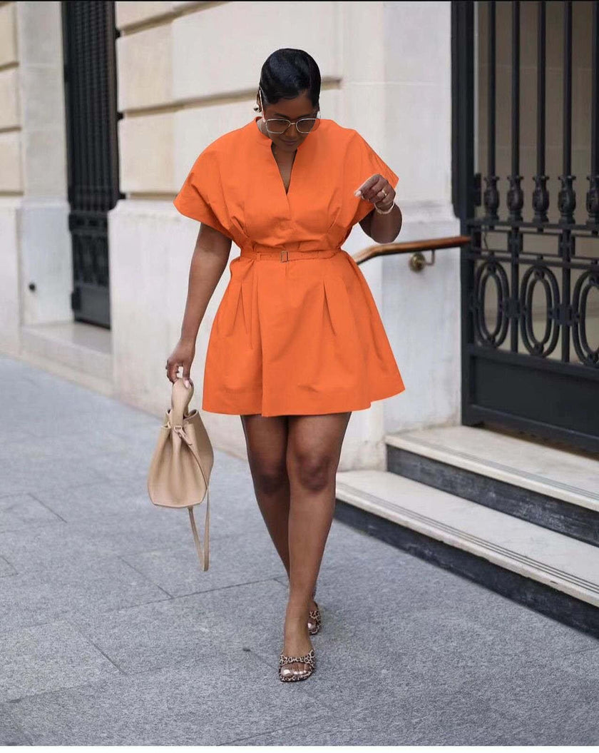 Belted A-line mini dress with V-neck, orange