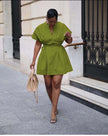 Belted A-line mini dress with V-neck, yellow-green