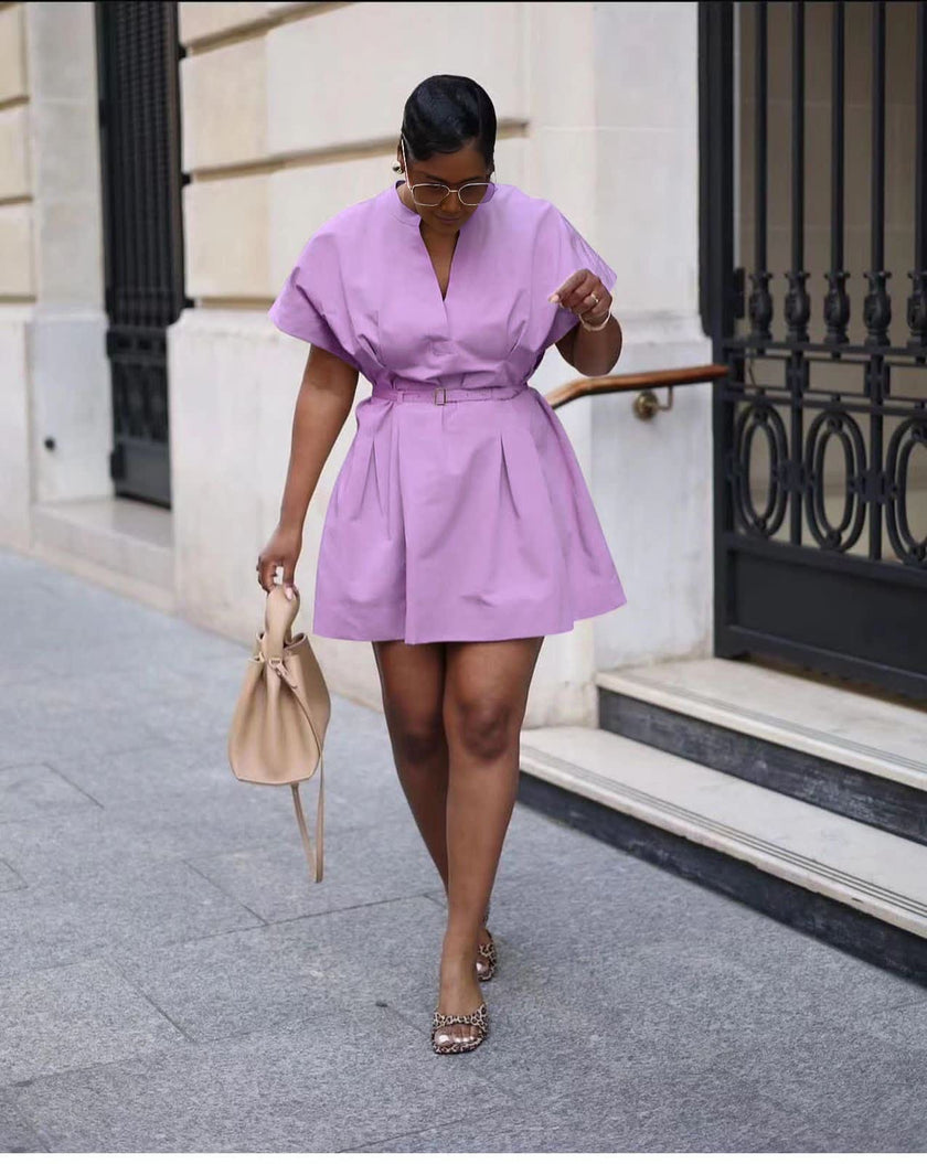 Belted A-line mini dress with V-neck, light purple