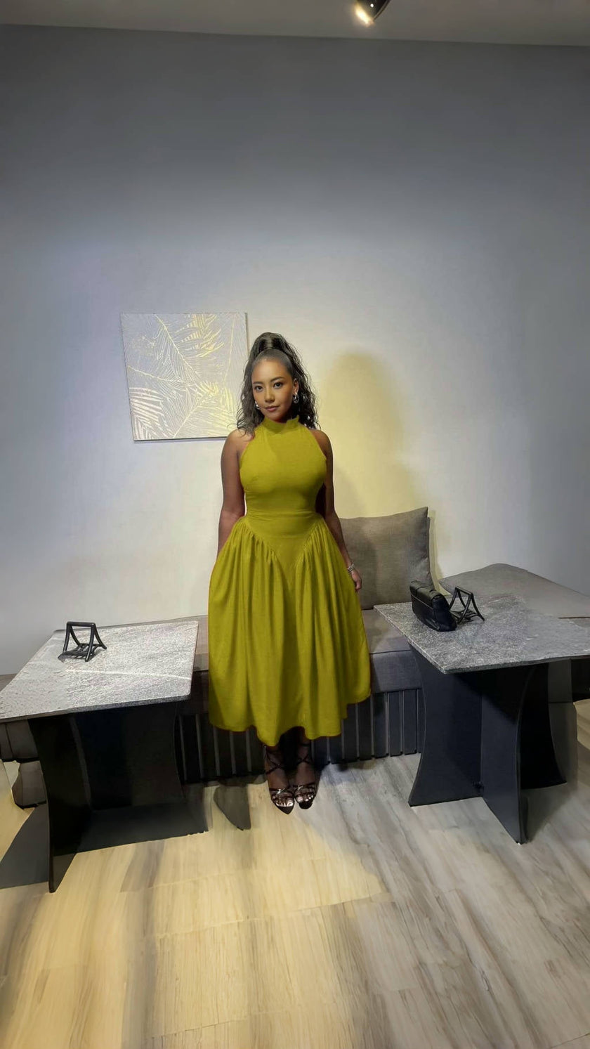 Halter midi dress with pleated waist, sleeveless, lime green