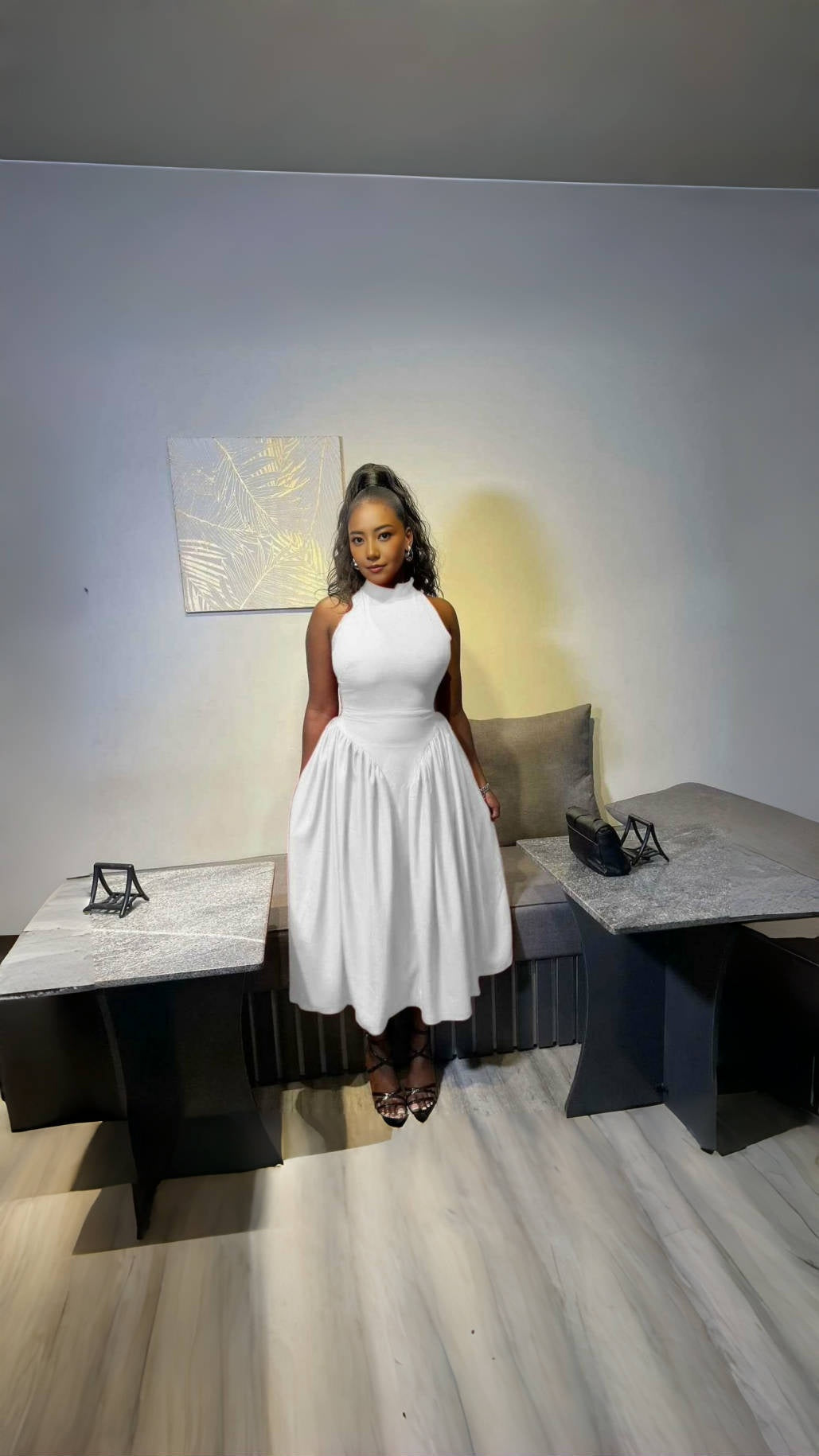 Halter midi dress with pleated waist, sleeveless, white