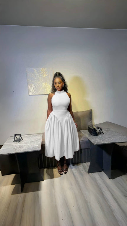 Halter midi dress with pleated waist, sleeveless, white