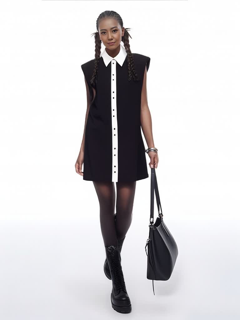 Sleeveless shirt dress with contrast white collar and button placket, black