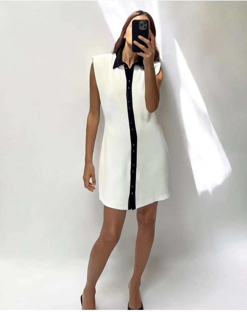 Sleeveless shirt dress with contrast black collar and button placket, white