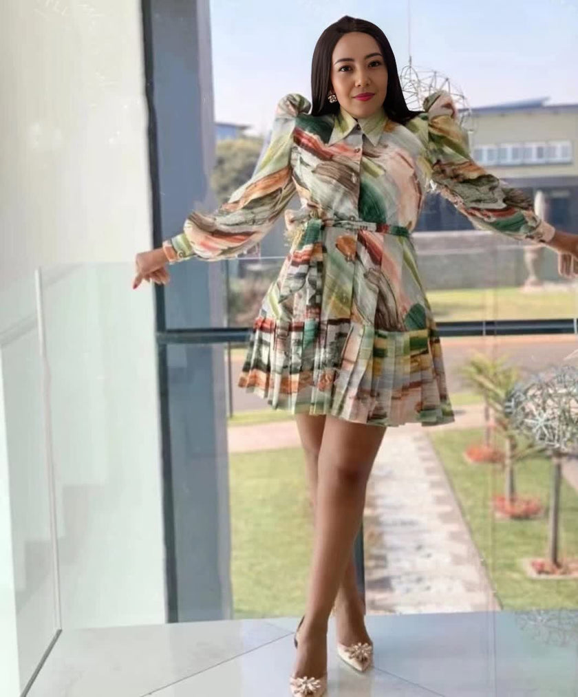 Belted pleated mini dress with puff sleeves, multicolor plaid and ribbon tie waist