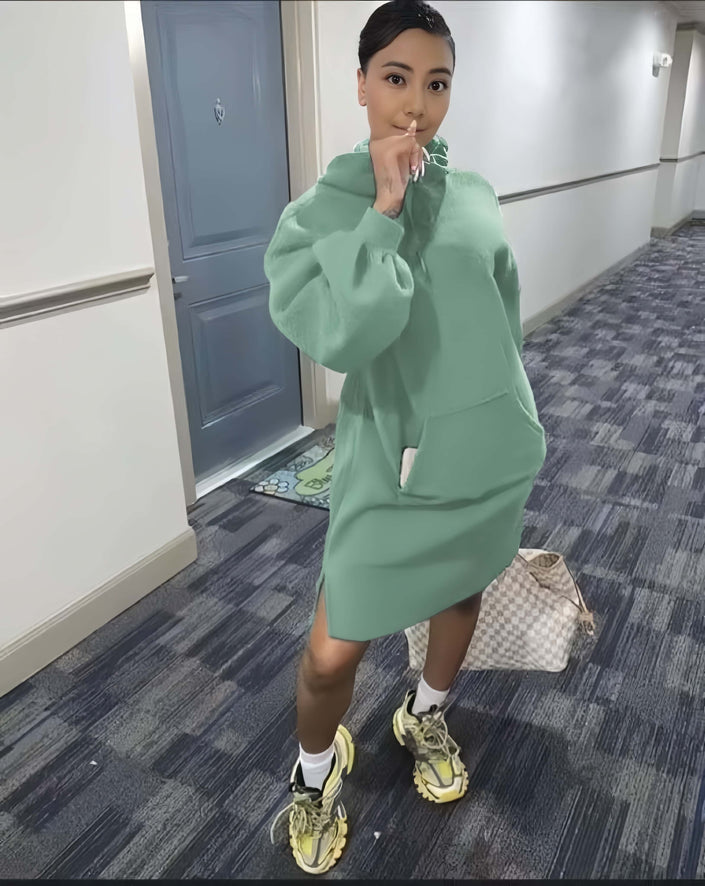 Mint green hoodie dress with front pocket, relaxed fit, hooded neckline