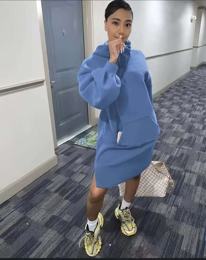 Light blue hoodie dress with front pocket, relaxed fit, hooded neckline