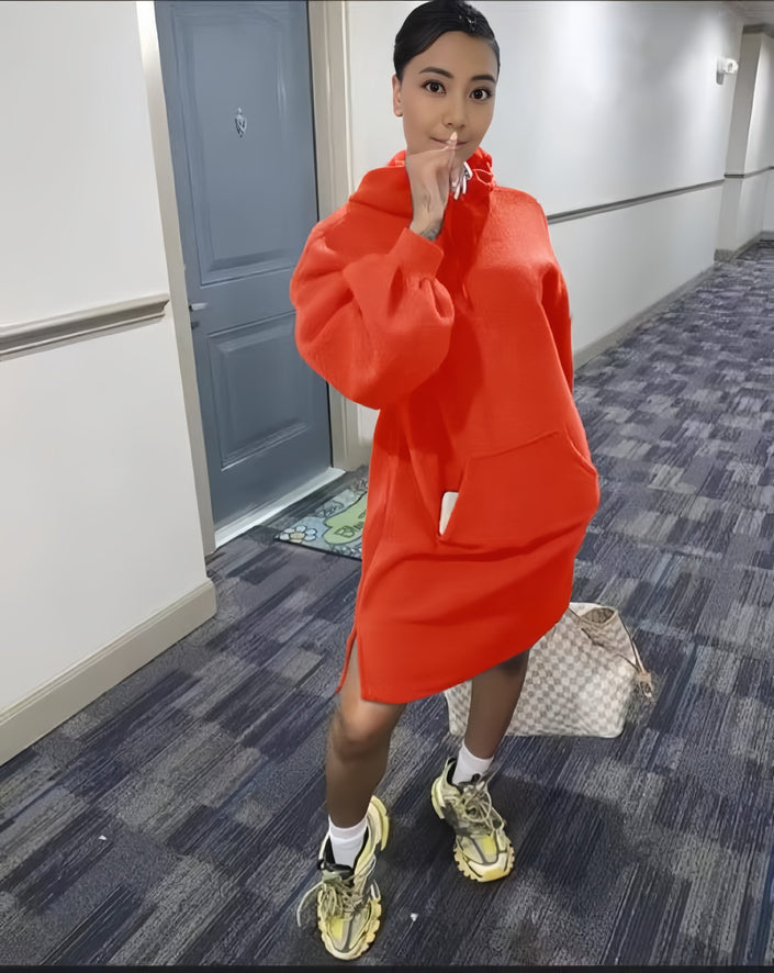 Bright orange hoodie dress with front pocket, relaxed fit, hooded neckline