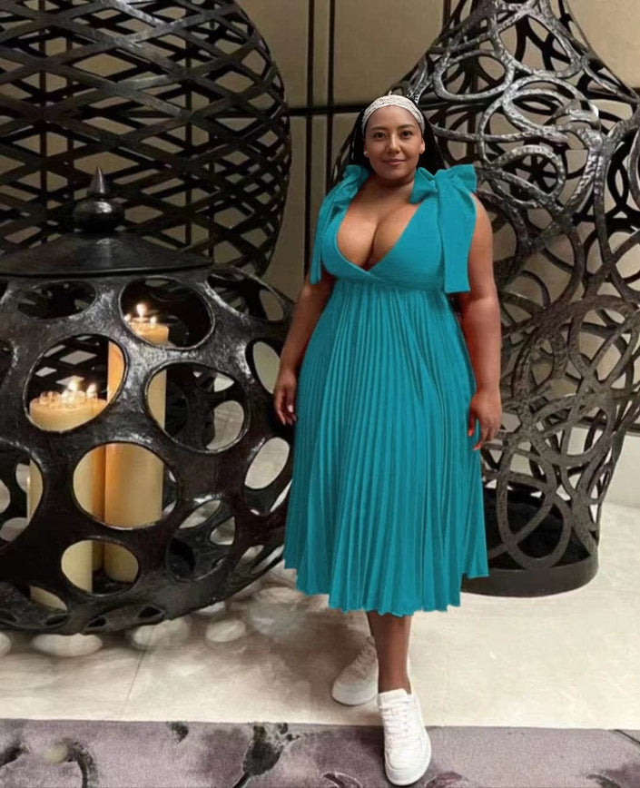 Deep cyan pleated midi dress with V-neckline and gathered bodice, sleeveless