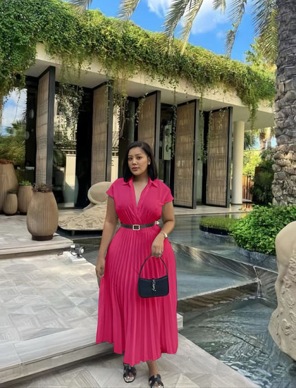 Hot-pink pleated midi dress with belted waist, V-neck and short sleeves.