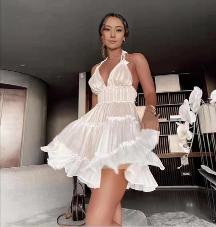 White ruffle mini dress, tiered sheer V-neck halter, sleeveless