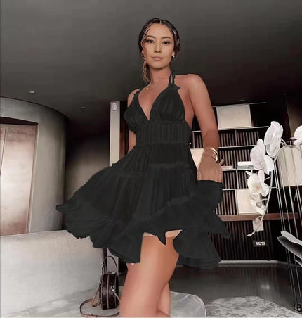 Black ruffle mini dress, tiered sheer V-neck halter, sleeveless