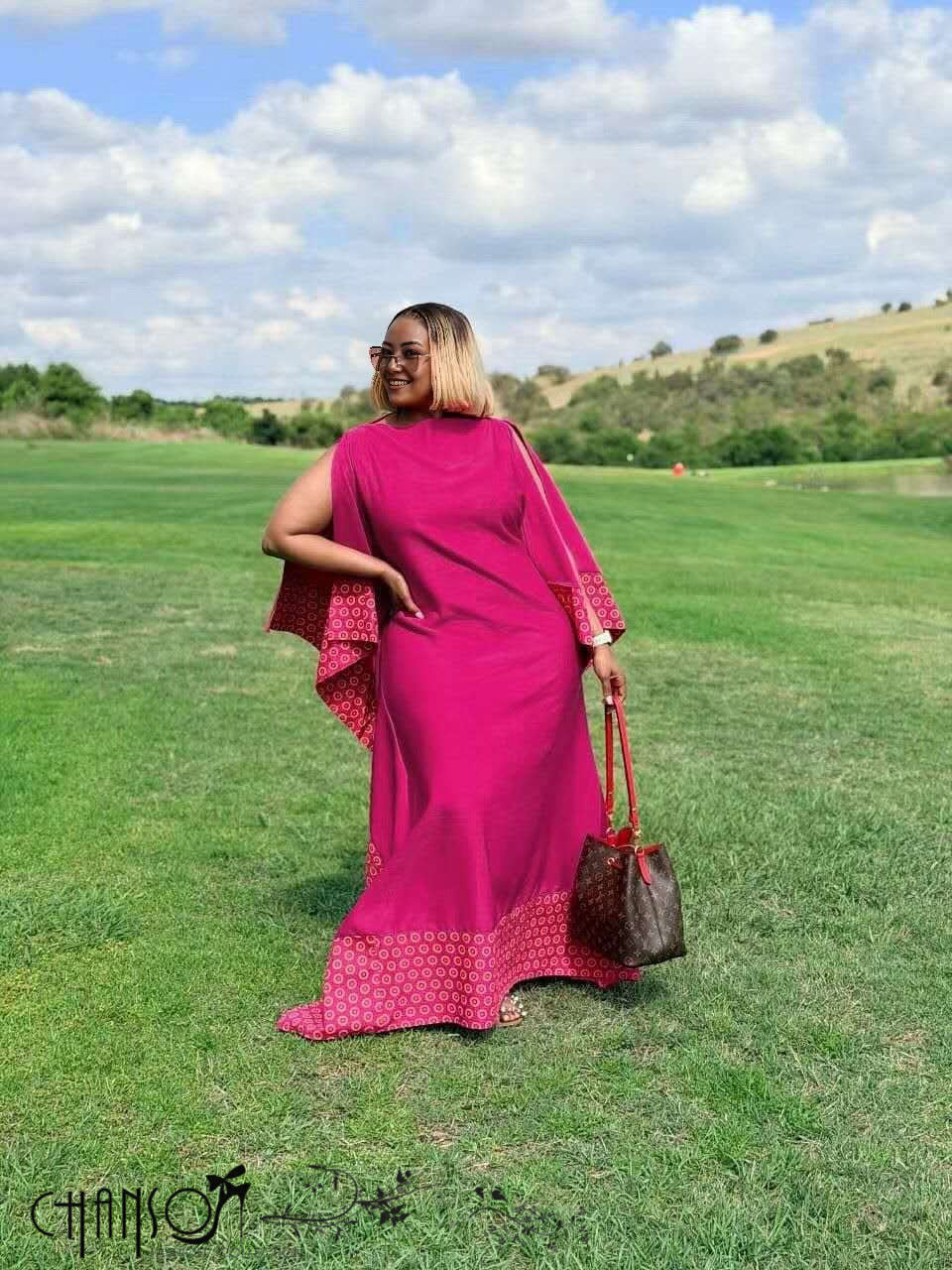 Maxi Dress Flare Sleeve Patchwork Hem