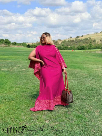 Fuchsia maxi dress with flare sleeves and patchwork hem detail