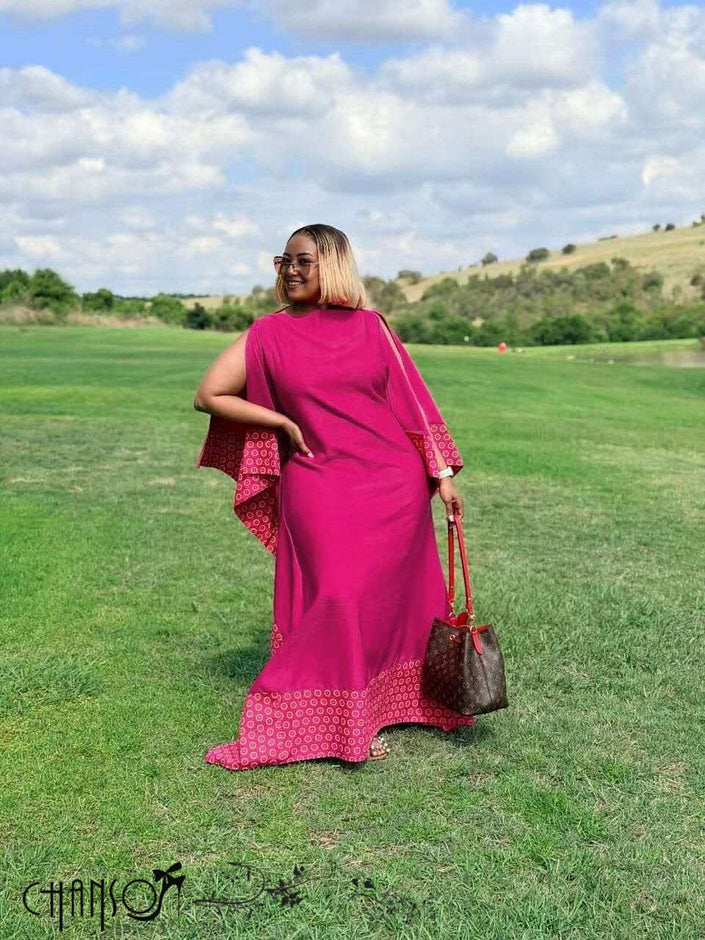 Fuchsia maxi dress with flare sleeves and patchwork hem detail