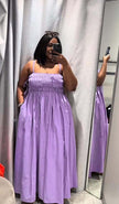Ruched maxi dress with adjustable straps, light purple color, gathered bodice