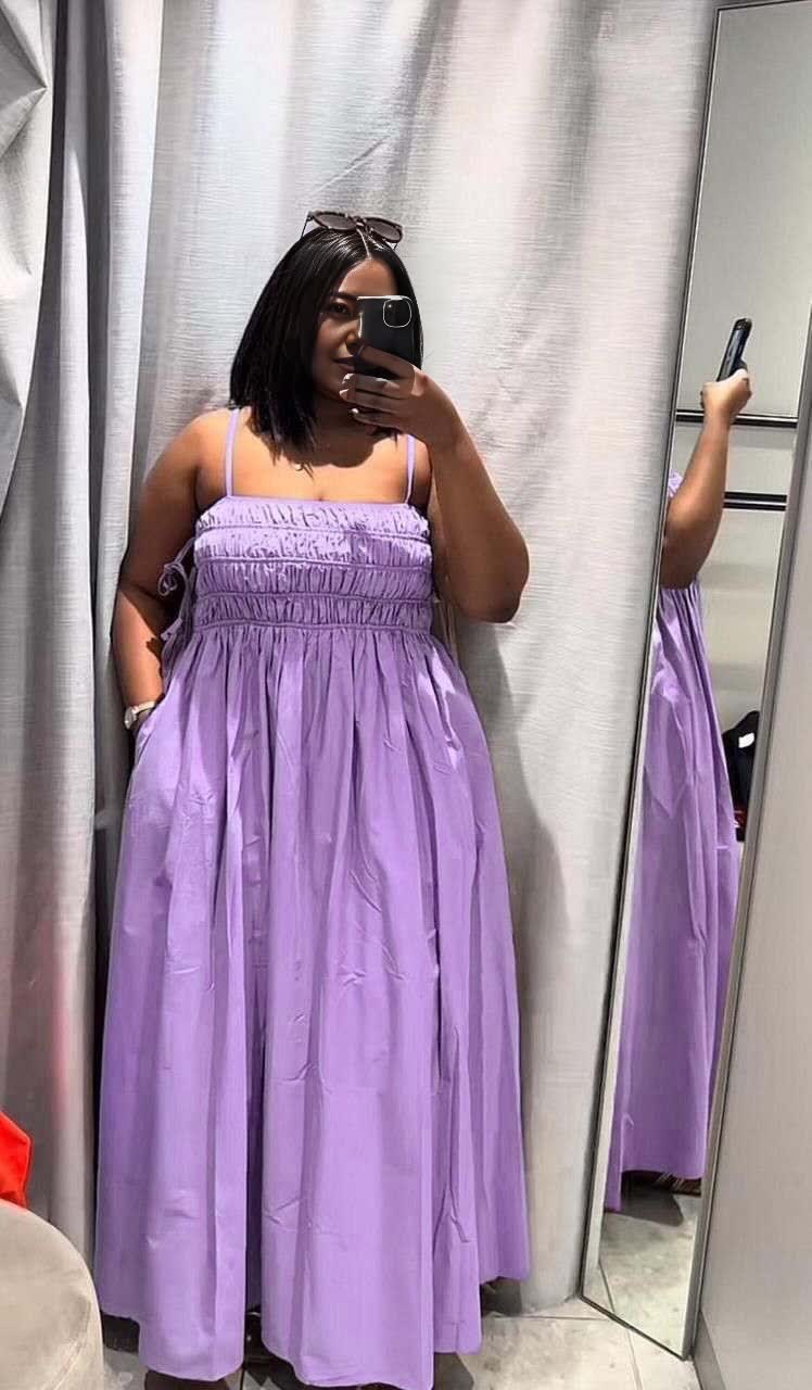 Ruched maxi dress with adjustable straps, light purple color, gathered bodice